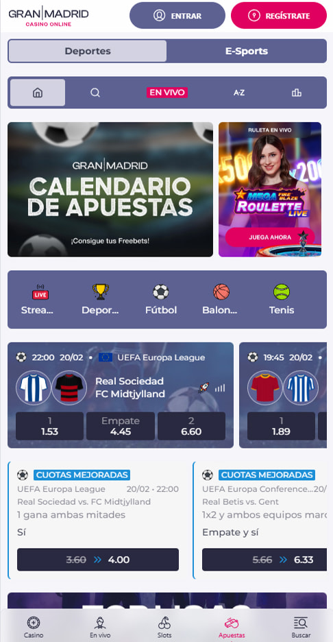 Sección de apuestas online en Gran Madrid Casino Online.