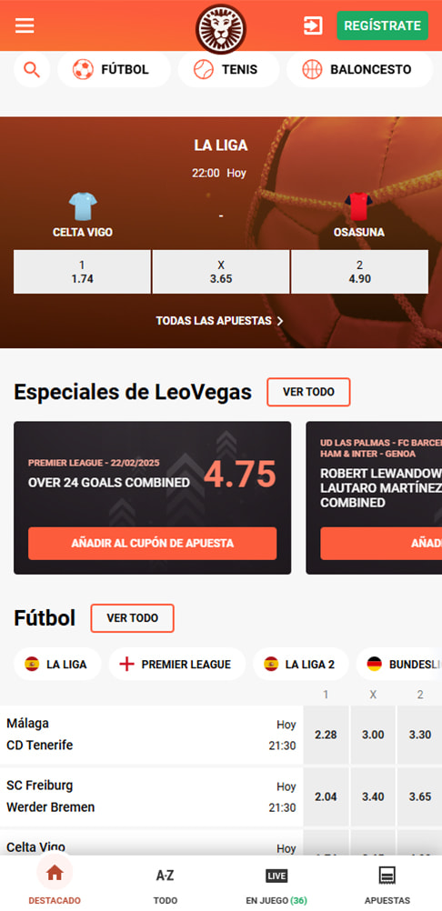 Sección de apuestas online en el casino LeoVegas.