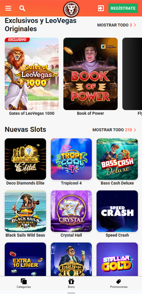 Sección de slots en el casino LeoVegas.