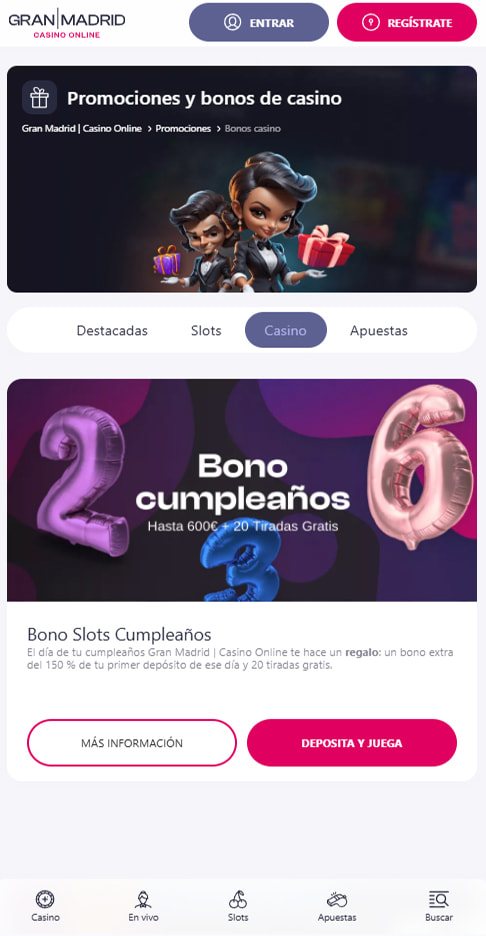 Sección de bonos en Gran Madrid Casino Online.